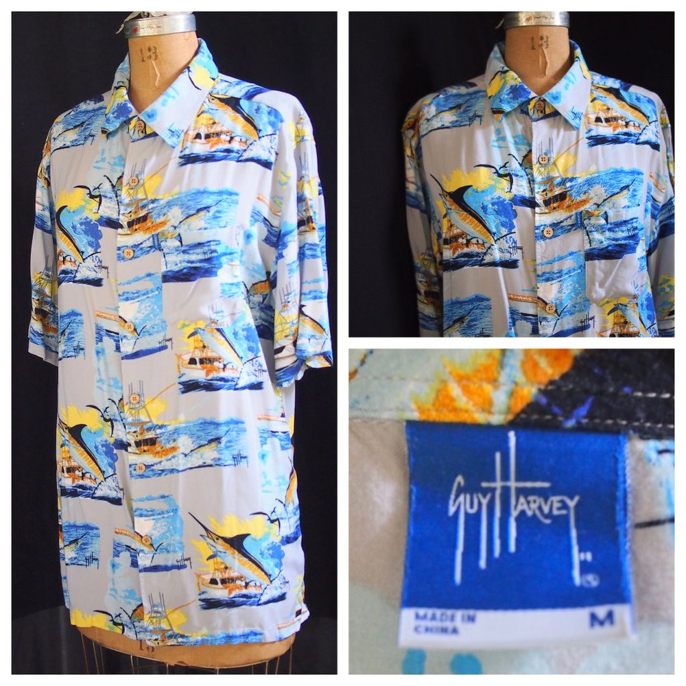 GUY HARVEY Sailfish Marlin Fishing Hawaiian Rayon Camp Shirt Coconut Buttons M